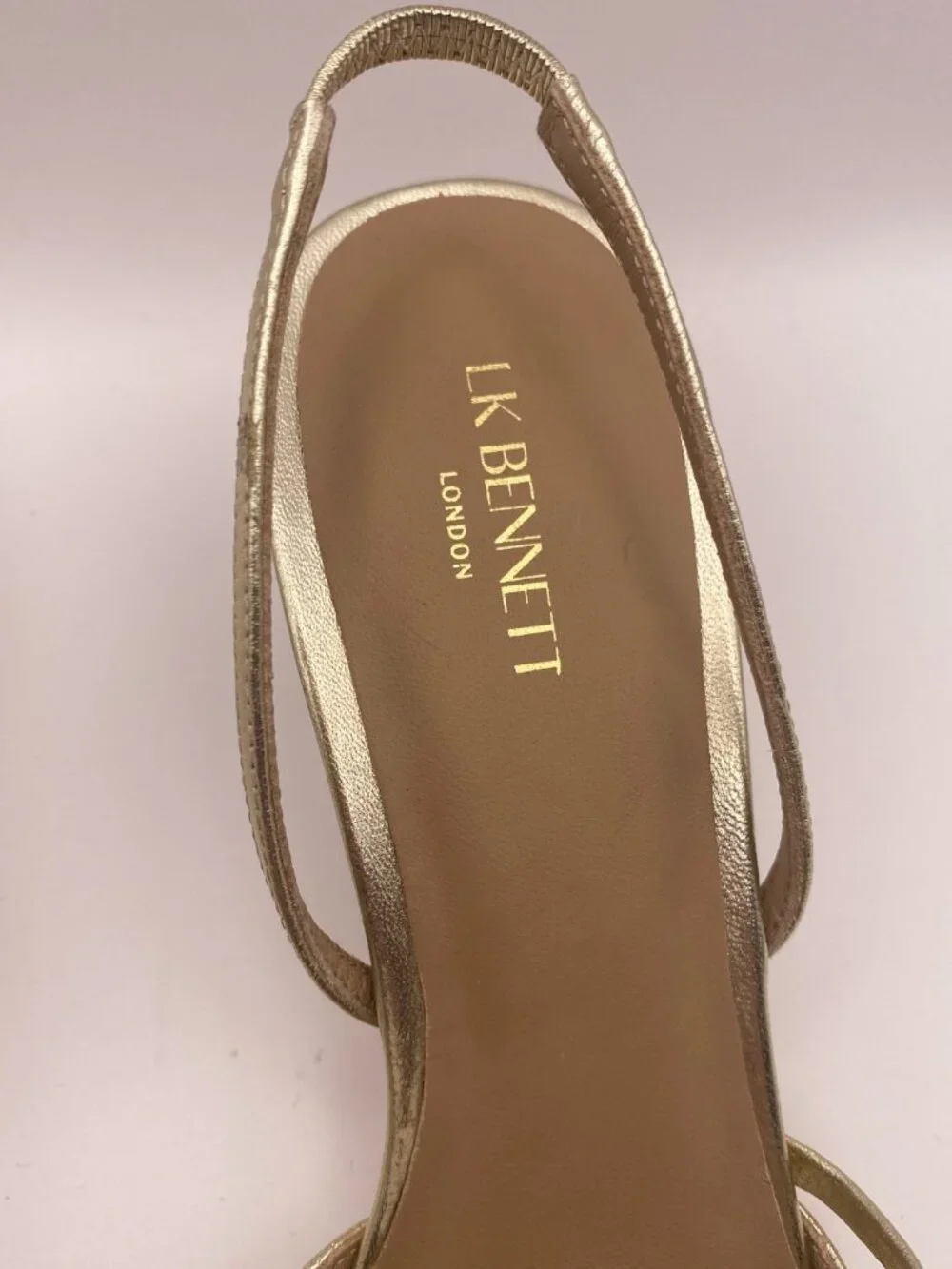 LK Bennett Womans Madely Gold Leather Double Strap Kitten Sz 39/ 9US